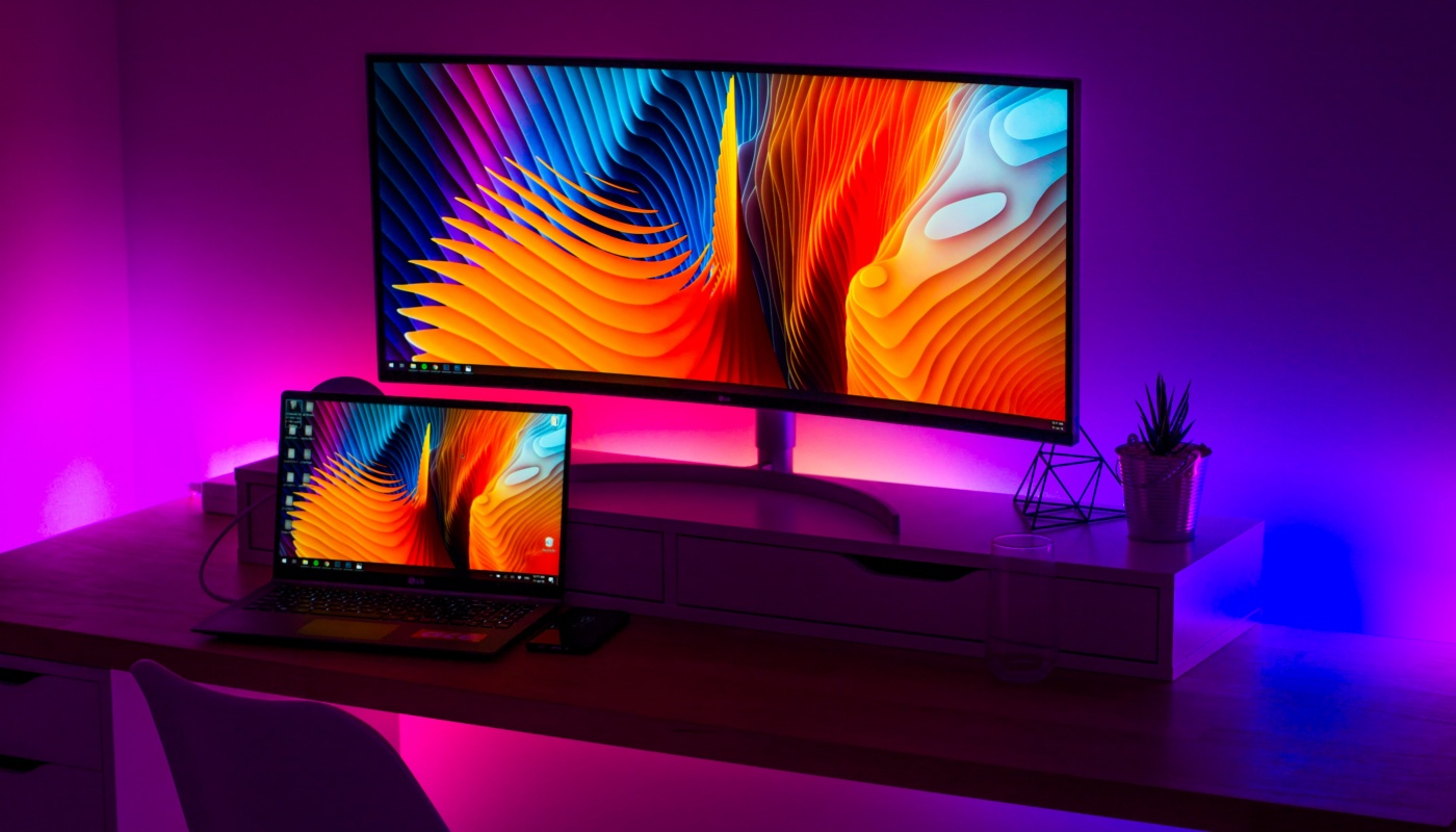 Angeschalteter Bildschirm und Laptop mit bunten Farben 